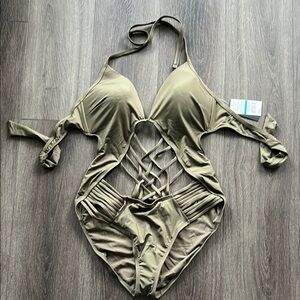 NWT $107 Kenneth Cole Olive Camo Green cutout slash Swimsuit strappy XL